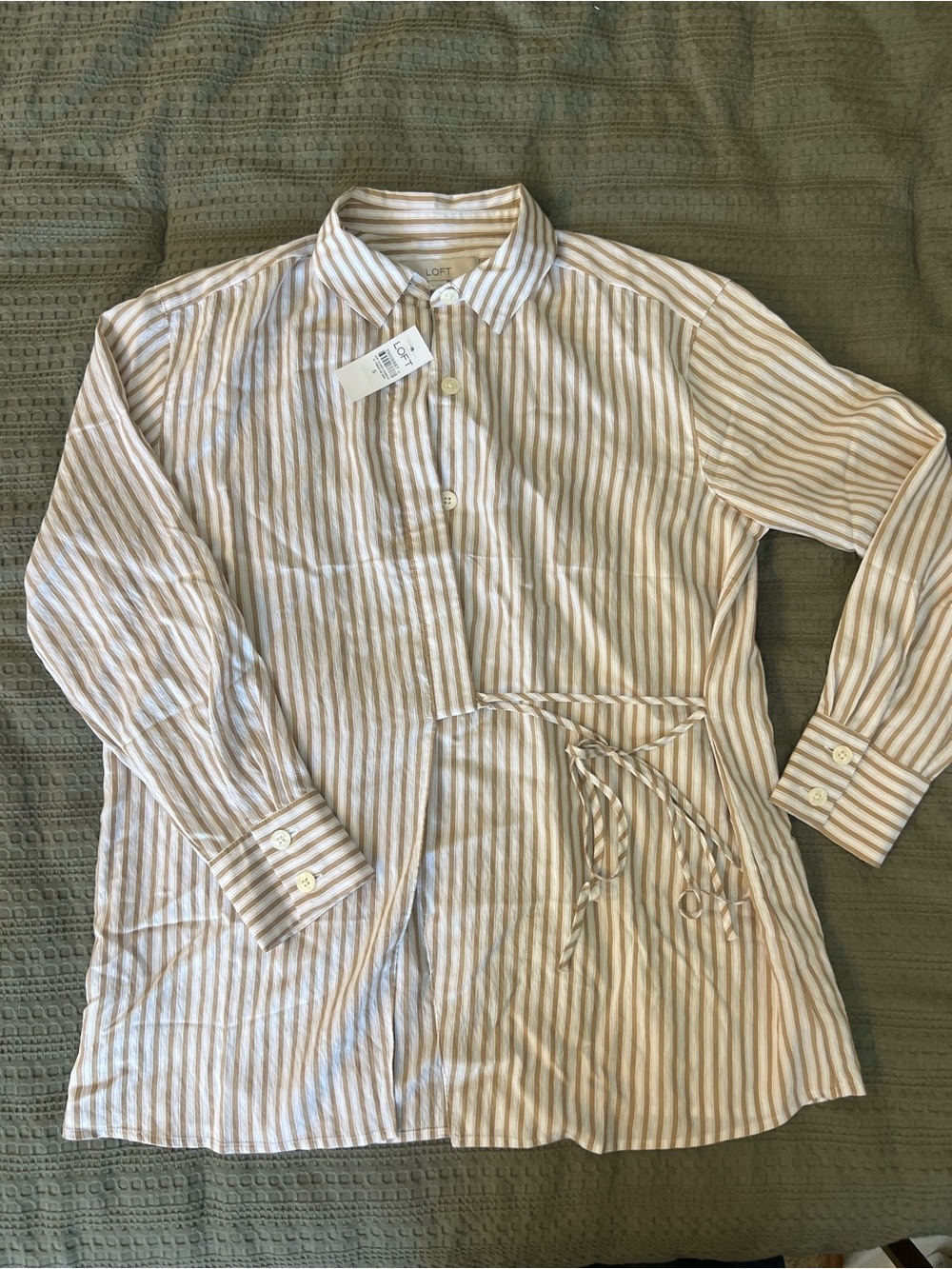 LOFT Cream and Beige Striped Button-Front Shirt